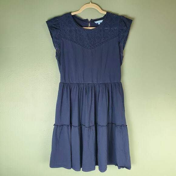 Draper James Womens Navy Blue Knit Eyelet Short Cap Sleeve Dress Size Medium - Picture 1 of 7